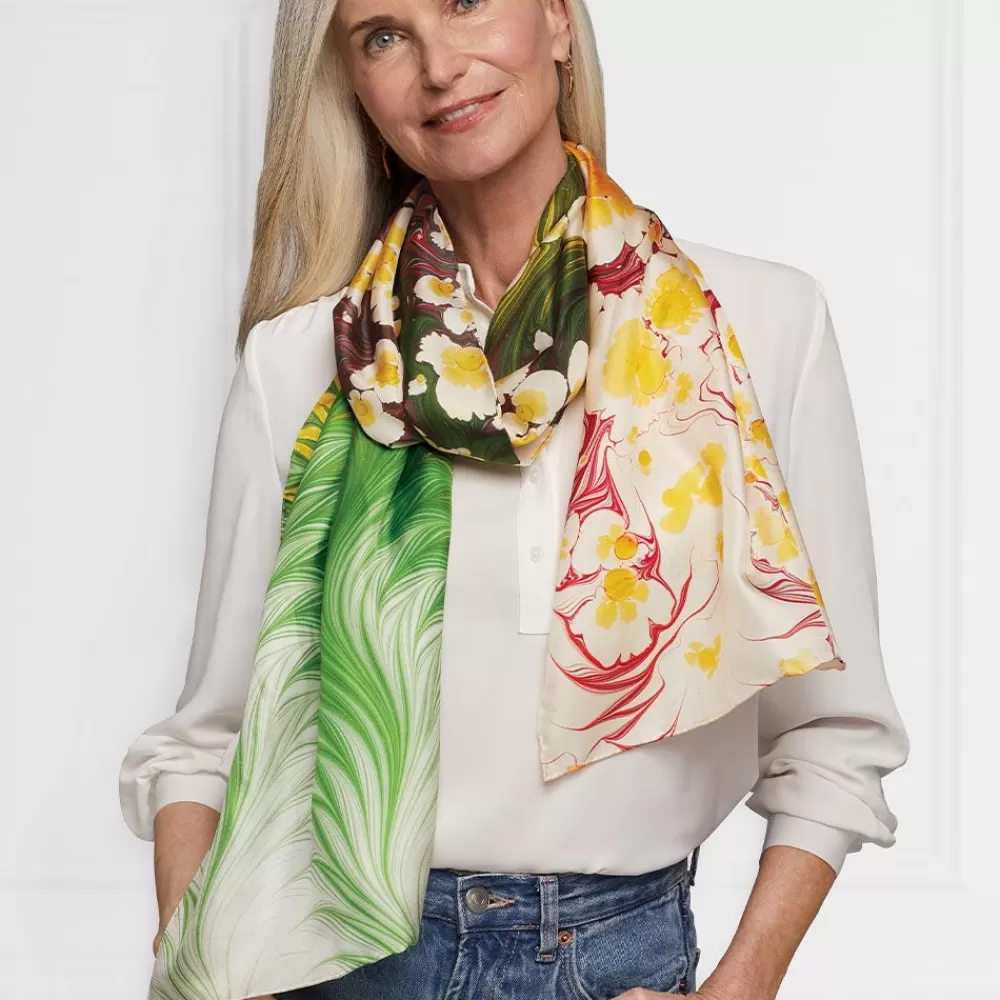 Best Sale Daisy Garden Marbled Paper Oblong Silk Scarf Scarves & Wraps