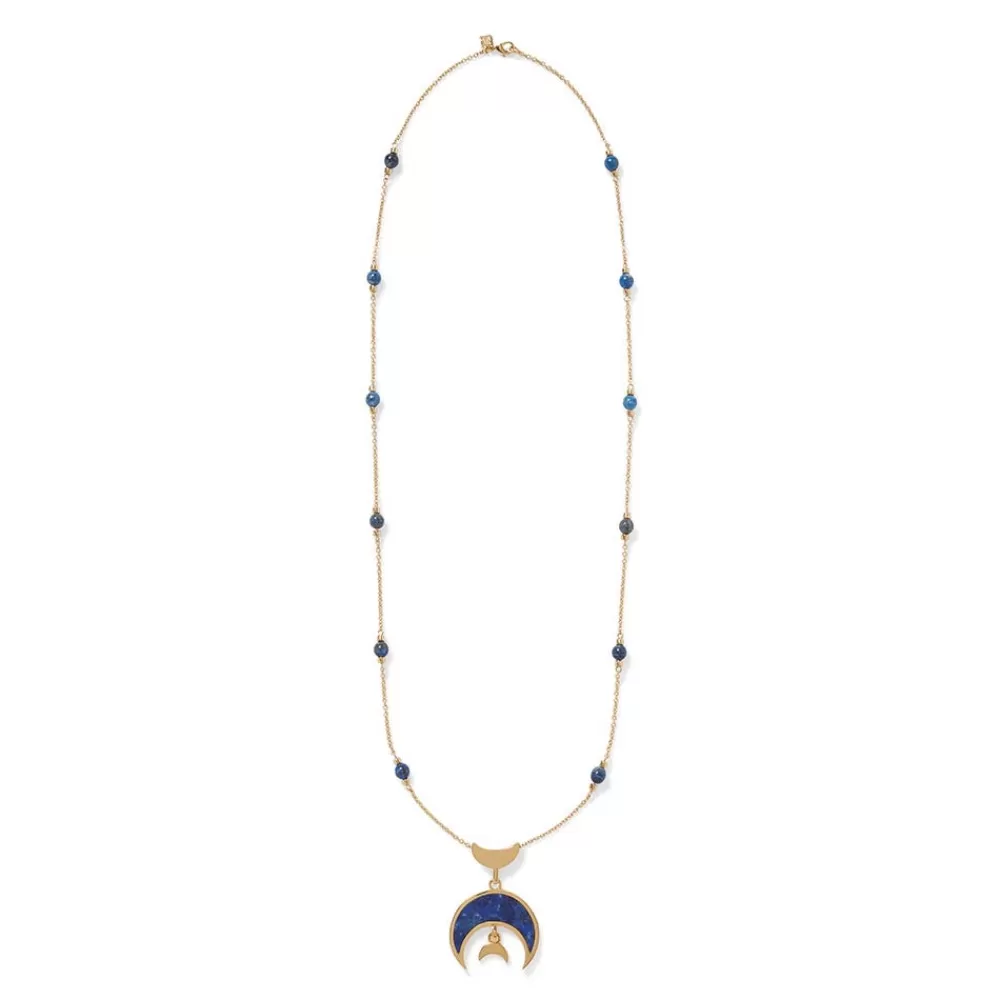 Fashion Fatimid Lapis Crescent Long Beaded Chain Pendant Necklace Necklaces